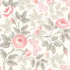 seamless floral pattern with roses and butterflies - 87082790