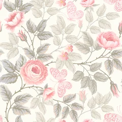 Garden poster Roses seamless floral pattern with roses and butterflies