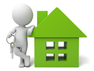 3d people with a house and key. 3d image. Isolated white background