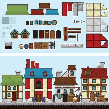 Vector flat illustration and sprite for game. Old houses