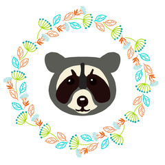 Cute vector card with a raccoon in a flower frame