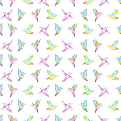 Seamless pattern of colored colibri painted with watercolors on a white background