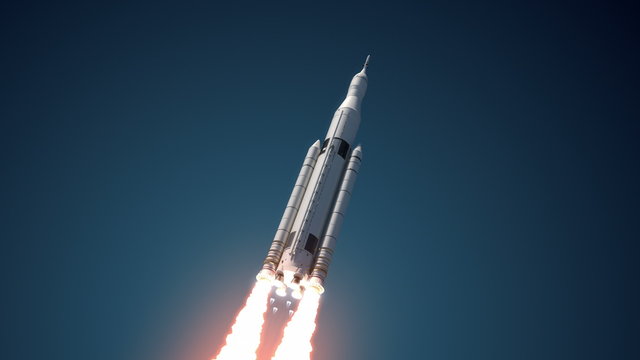 Space Launch System Takes Off. 3D Animation. Ultra High Definition. 4K.