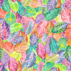 Seamless pattern with bright autumn leaves painted in watercolor