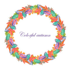 Obraz premium Wreath of bright autumn leaves stamped in watercolor on a white background, frame, decoration postcard or invitation for wedding, celebration, holiday