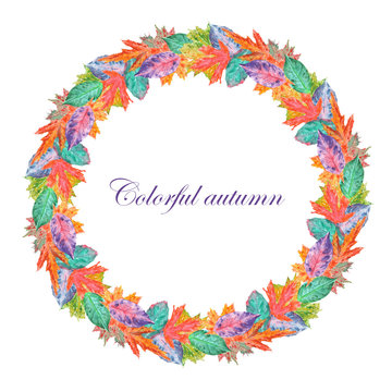 Wreath of bright autumn leaves stamped in watercolor on a white background, frame,  decoration postcard or invitation for wedding, celebration, holiday