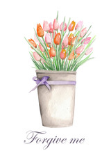 Floral watercolor postcard with tulips in a bucket on a white background, decoration postcard or invitation for wedding, celebration, holiday