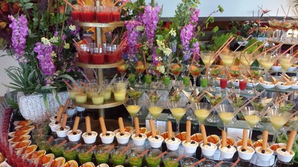 Fototapeta premium Various snacks, cocktails in glasses