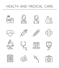 Medical and Healthcare outline icons set. Vector collection of healthy life symbols & medication equipments.