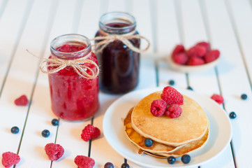 Tasty and beautiful food. Pancake with berries jam or marmalade