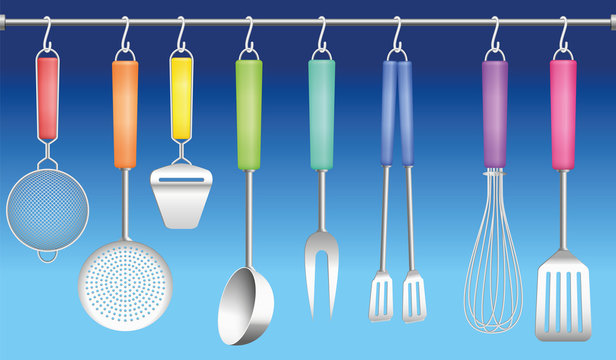 Colorful kitchen tools on a hanger - sieve, skimmer, cheese slicer, ladle, fork, tongs, whisk and spatula. Vector illustration on blue gradient background.