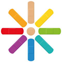 Plaster collection - a funny colorful pain relieving flower. Isolated vector illustration on white background.