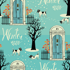 Doors, dogs, snow and winter trees. Seamless background