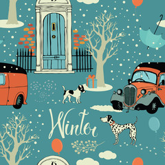 Dogs, vintage cars, snow and winter trees. Seamless background
