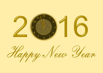 Happy New Year 2016 Schriftzug in gold mit einer Uhr anstelle der 0 auf zart goldenem Hintergrund im Querformat