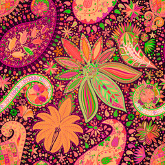 Vintage floral motif ethnic seamless background.