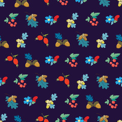 Vector Dark Blue Colorful Berries Nuts Seamless Pattern