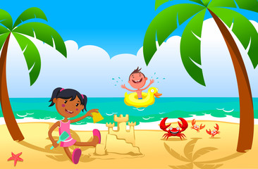 Obraz na płótnie Canvas children on a beach, children play at the sea, sunbathe at the sea, sea tour