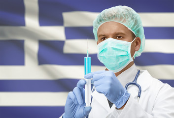 Doctor with syringe in hands and flag on background series - Greece