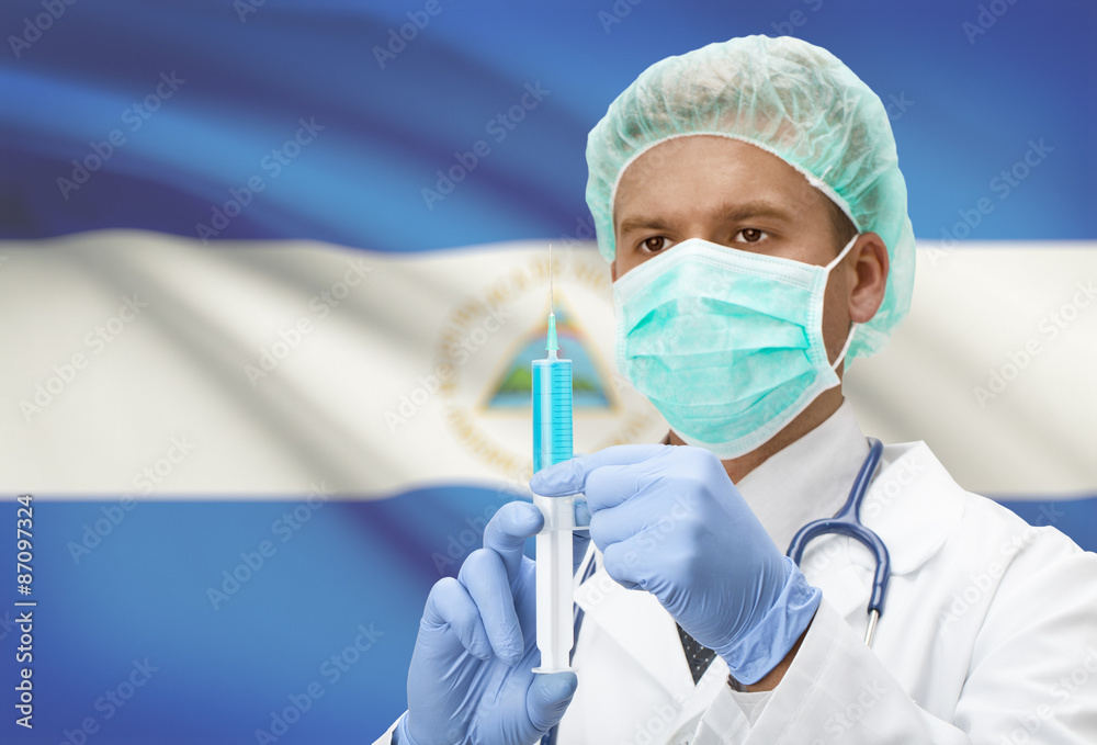 Wall mural Doctor with syringe in hands and flag on background series - Nicaragua