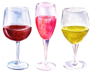 Watercolor set of three wine glasses on white background