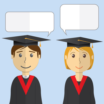 Flat design modern vector illustration of students in graduation gowns on color background