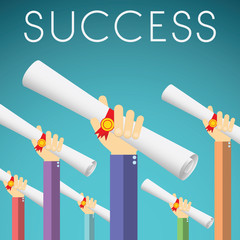 Flat design vector illustration of hands holding Diploma, Degree Scroll with Red Ribbon. Concept for graduation success, on color background