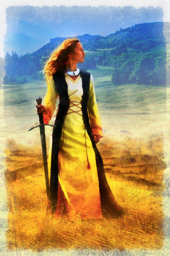 Carefree adorable girl with in fairy field and sword in hand . 
