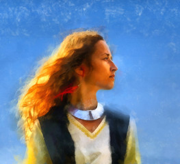 woman in a medieval dress and blue sky background, computer pain