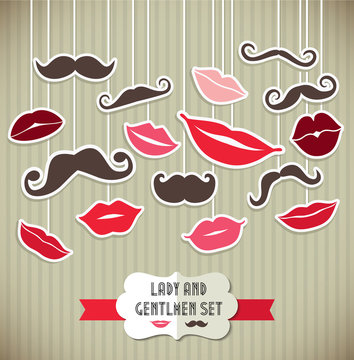 Stickers collection of moustaches and lips. Vector illustration
