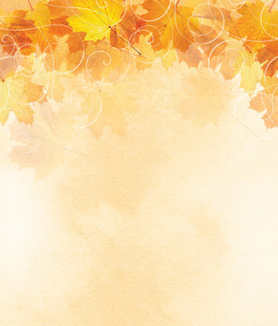 Autumn leaf illustration with room for copy space. Lined textured background with whimsical swirls.