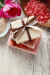 Bars of handmade soap and other natural cosmetics