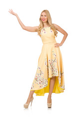 Blond girl in charming dress with flower prints isolated on whit