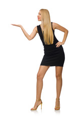 Young pretty woman in mini black dress isolated on white