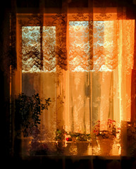 window hung a transparent curtain in yellow sunset light