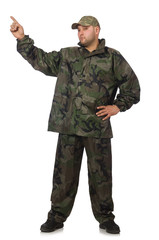 Young man in soldier uniform isolated on white