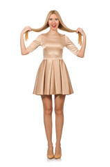 Pretty girl in satin mini dress isolated on white