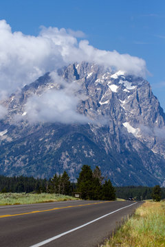 Low-lying clouds over the main road through Grand Teton National Park in Wyoming