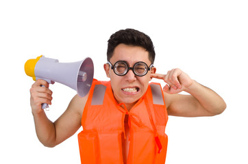Funny man wearing vest with loudspeaker
