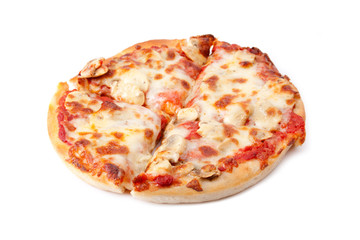 Pizza on White Background – A small, whole mushroom pizza on a white background.