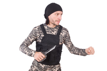 Young man in military uniform isolated on white