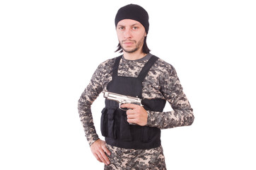 Young man in military uniform holding gun isolated on white