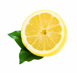 Lemon with leaves  slice isolated on white background