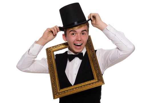 Young gentleman holding frame isolated on white