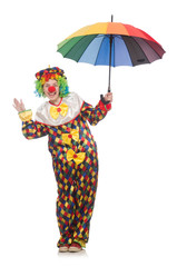 Clown with umbrella isolated on white