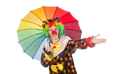 Clown with umbrella isolated on white