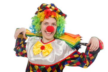 Clown with umbrella isolated on white