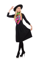 Woman in long black dress isolated on white