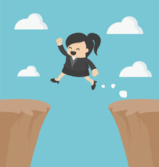 Business Woman jumping over the cliff