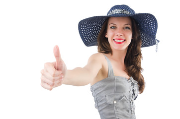 Happy girl in summer dress and hat isolated on white
